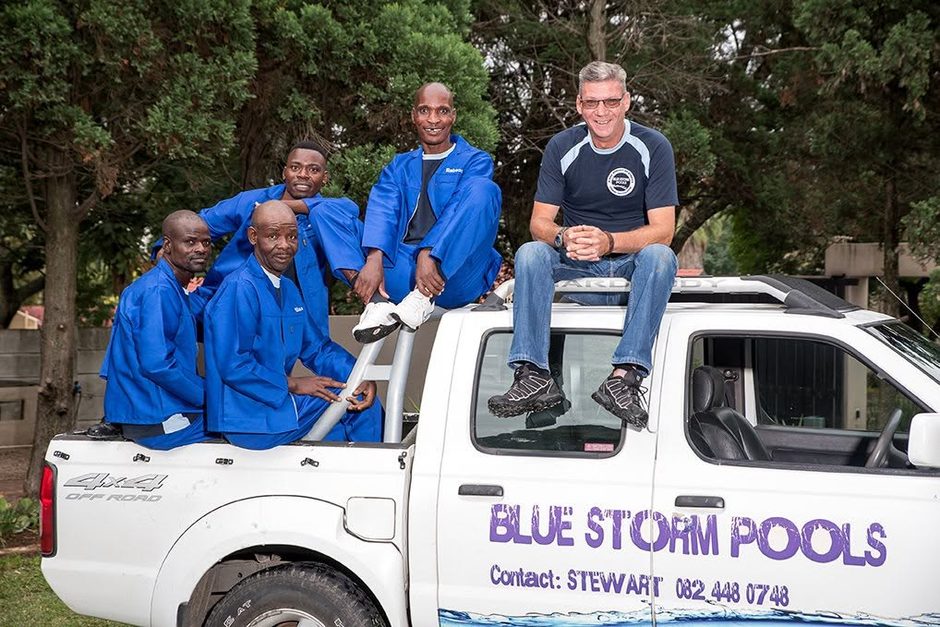 The Blue Storm Pools team on their branded bakkie, Stewart Elrick on the right